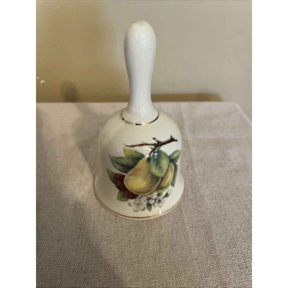 Sleeping Cat Porcelain Figurine & Bell (Formalities) Fruit Motif with Gold